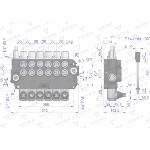 Rozdzielacz hydrauliczny 6-sekcyjny 80L V-R80L-6 | Exvi