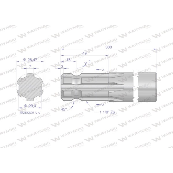 Wałek, WOM frezowany jednostronnie 300mm Z6 3240300 | Exvi