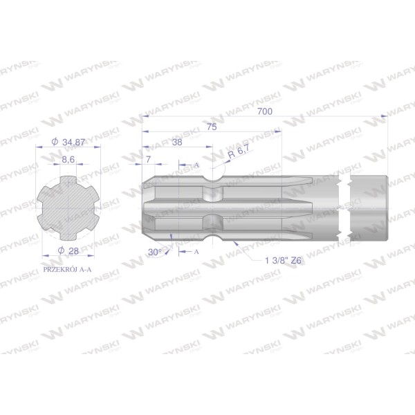 Wałek, WOM frezowany jednostronnie 700mm Z6 3210700 | Exvi