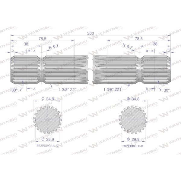 Wałek, WOM frezowany dwustronnie 300mm Z21 3320300 | Exvi