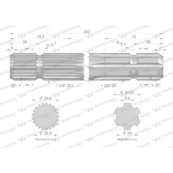 Wałek, WOM frezowany dwustronnie 300mm Z21 3310302 | Exvi