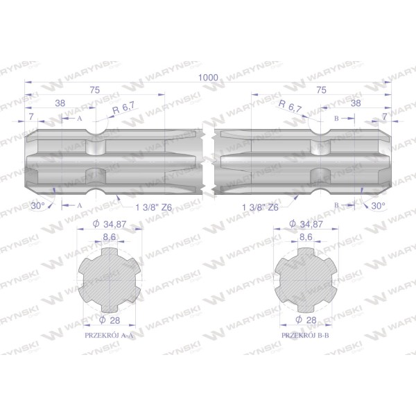 Wałek, WOM frezowany dwustronnie 1000mm Z6 3311000 | Exvi