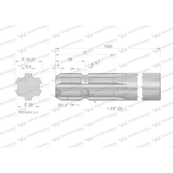 Wałek, WOM frezowany jednostronnie 1000mm Z6 3211000 | Exvi
