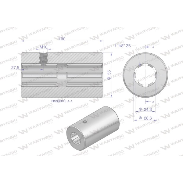 Tuleja, WOM łącząca frezowana 100mm Z6 - 1 3642100 | Exvi