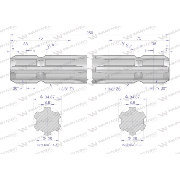 Wałek, WOM frezowany dwustronnie 250mm Z6 3310250 | Exvi
