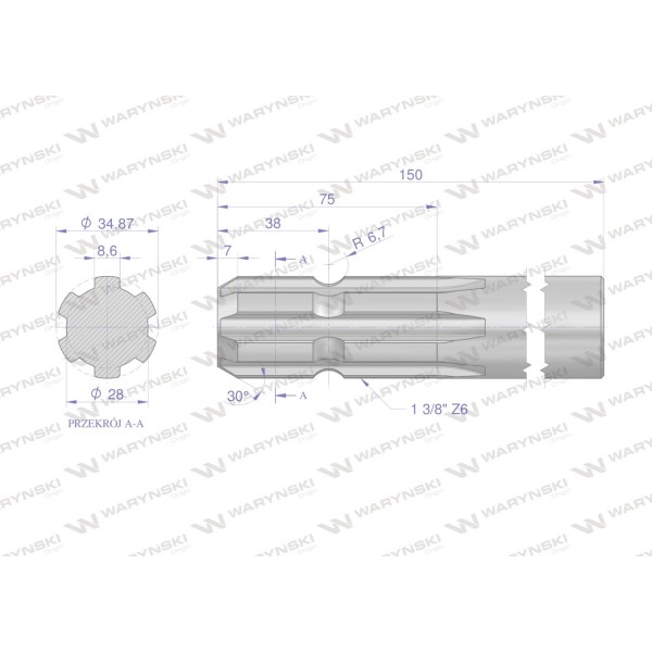 Wałek, WOM frezowany jednostronnie 150mm Z6 3210150 | Exvi