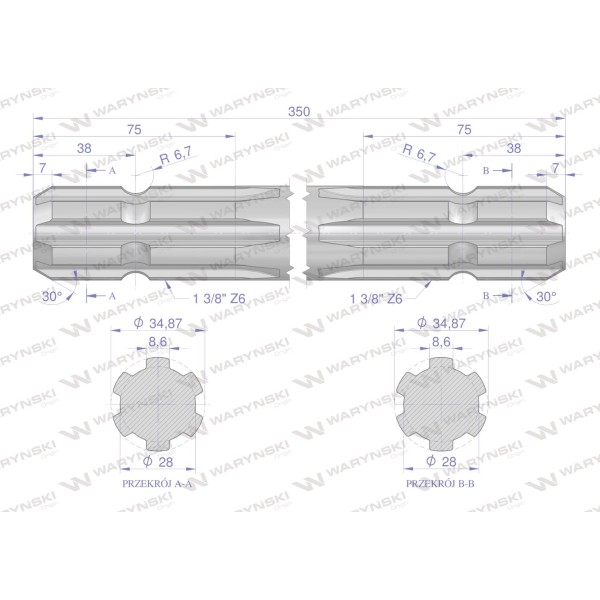 Wałek, WOM frezowany dwustronnie 350mm Z6 3310350 | Exvi