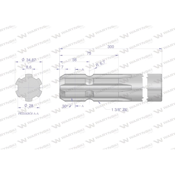 Wałek, WOM frezowany jednostronnie 300mm Z6 3210300 | Exvi