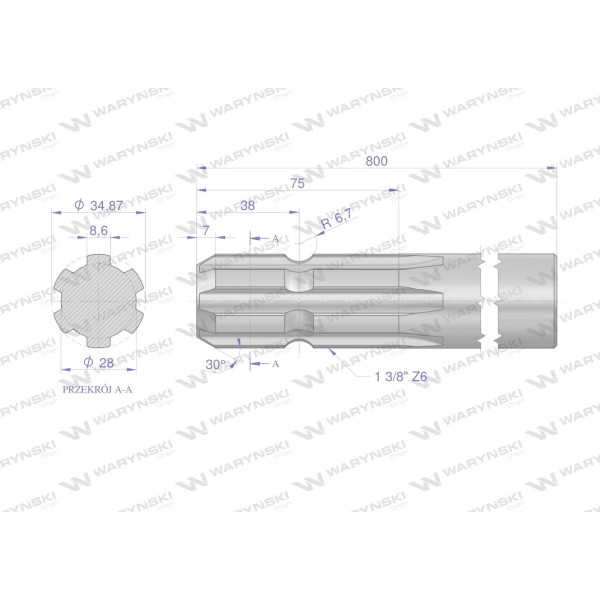 Wałek, WOM frezowany jednostronnie 800mm Z6 3210800 | Exvi