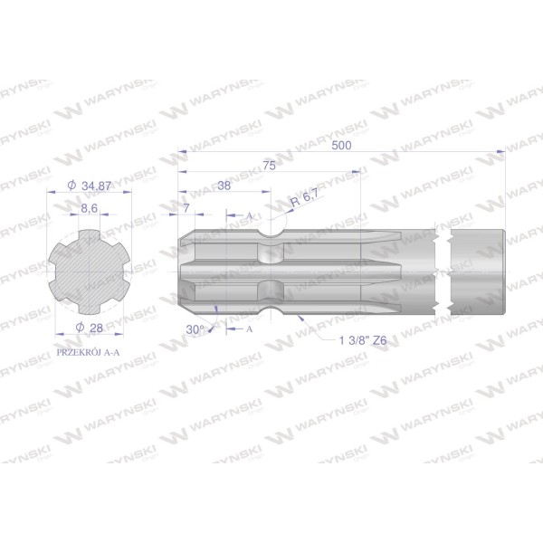 Wałek, WOM frezowany jednostronnie 500mm Z6 3210500 | Exvi
