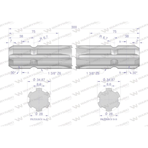 Wałek, WOM frezowany dwustronnie 300mm Z6 3310300 | Exvi
