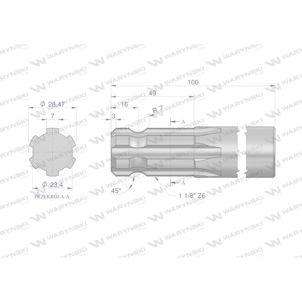 Wałek, WOM frezowany jednostronnie 100mm Z6 3240100 | Exvi