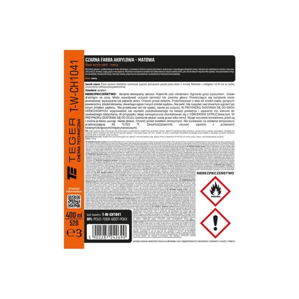 Czarna farba akrylowa - matowa, 400ml, Teger CH1041 | Exvi