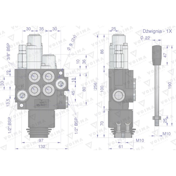 Rozdzielacz hydrauliczny 2-sekcyjny V-R40L-2X1P-1D | Exvi