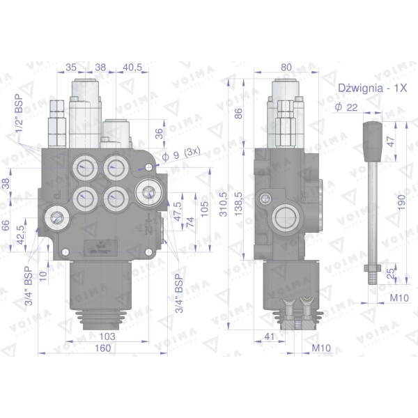 Rozdzielacz hydrauliczny 2-sekcyjny V-R80L-2X1P-1D | Exvi