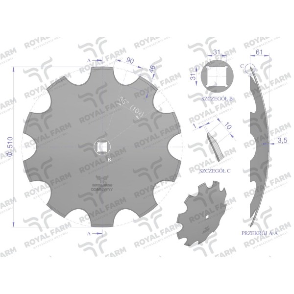 Talerz, uzębiony Z-10 fi 510 otwór 30x30 RF-75103035 | Exvi
