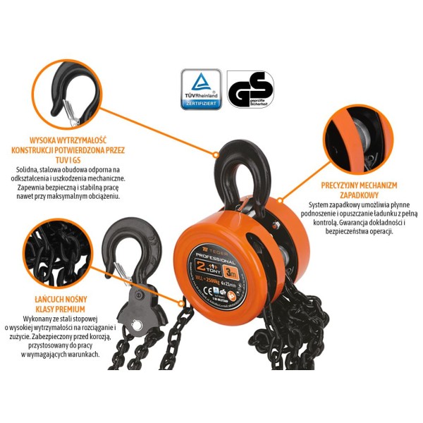 Wciągarka łańcuchowa PROFESSIONAL, 2T, 3m WL2T3MP | Exvi