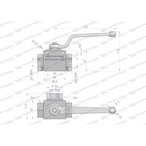 Zawór kulowy hydrauliczny 3-drogowy WKH3-B-3/4BSP | Exvi