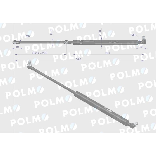 Siłownik szyby tylnej L max. 526mm 10/36-891/7 | Exvi