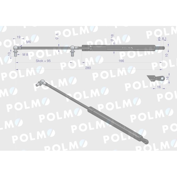 Siłownik szyby przedniej L max. 280mm 62/54-650/0 | Exvi
