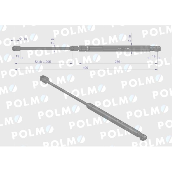 Siłownik szyba przednia L max. 490mm 82/02-247/4 | Exvi
