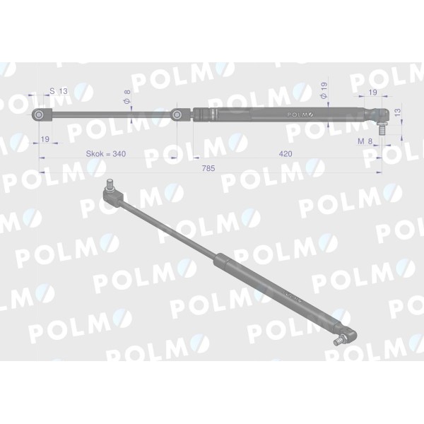 Siłownik tylnej szyby L max. 785mm 3389556M1P | Exvi