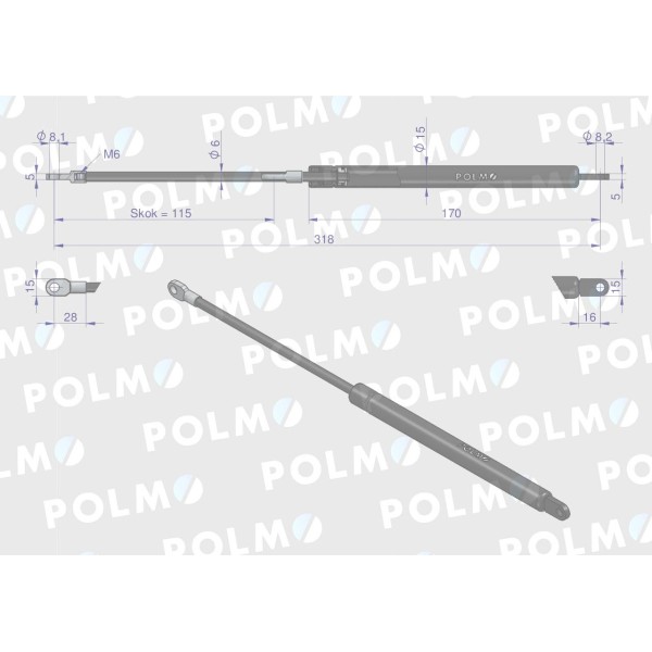 Siłownik drzwi L max. 318mm 65415026 3103254M1P | Exvi