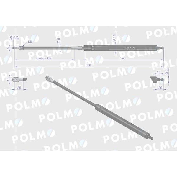 Siłownik szyberdachu L max. 260mm 65417044 5153206P | Exvi