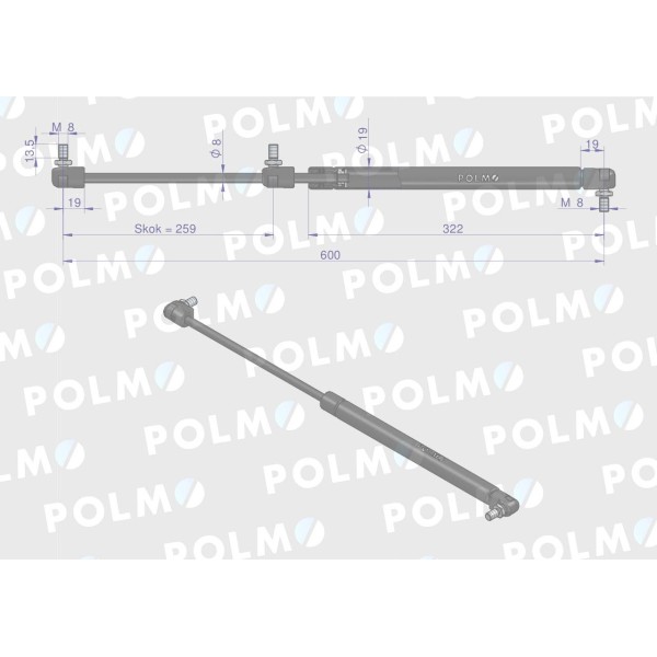 Siłownik szyby przedniej. drzwi L max. 10/00-810/0 | Exvi