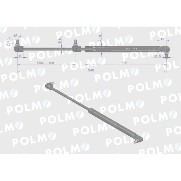 Siłownik szyby przedniej L max. 340mm 10/00-806/2 | Exvi
