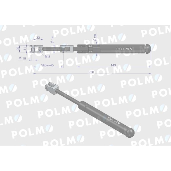 Siłownik szyba przednia L max. 220mm 128685P | Exvi