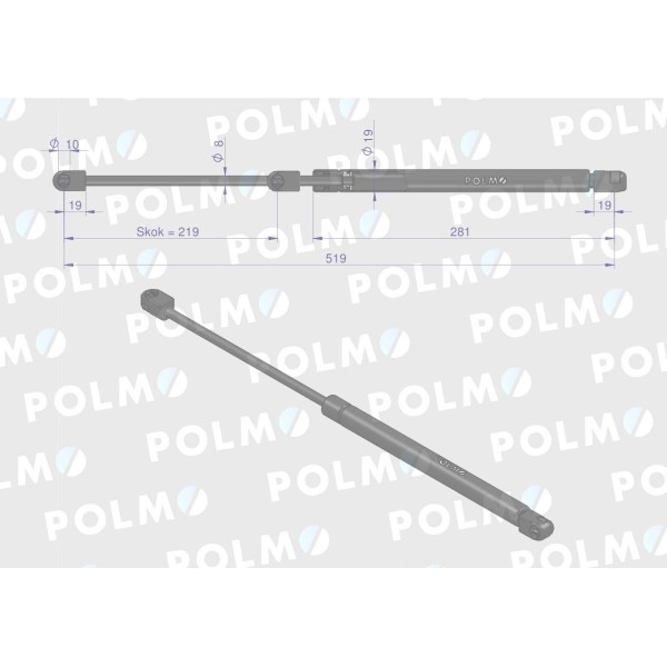 Siłownik szyby tylnej L max. 519mm 092081403P | Exvi