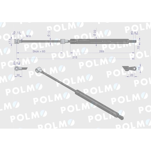 Siłownik szyby przedniej L max. 215mm 32147P | Exvi