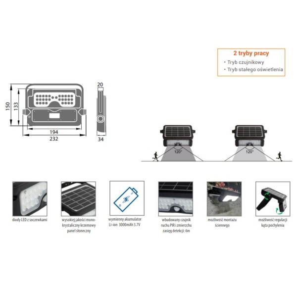 Naświetlacz solarny LED SOLEN 5W 500LM NASWSOL5W4KCR | Exvi