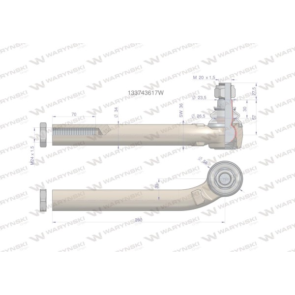 Przegub kierowniczy prawy 280mm- M24x1,5 133743617W | Exvi