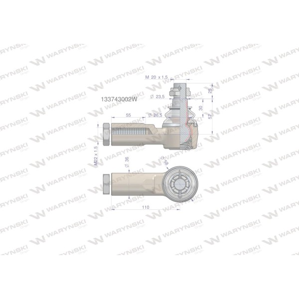 Przegub kierowniczy 110mm- M22x1,5 133743002W | Exvi