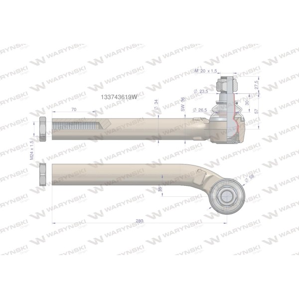 Przegub kierowniczy lewy 280mm- M24x1,5 133743619W | Exvi