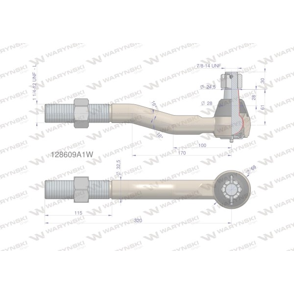Przegub kierowniczy 320mm- 1 1/4-12 L 128609A1W | Exvi