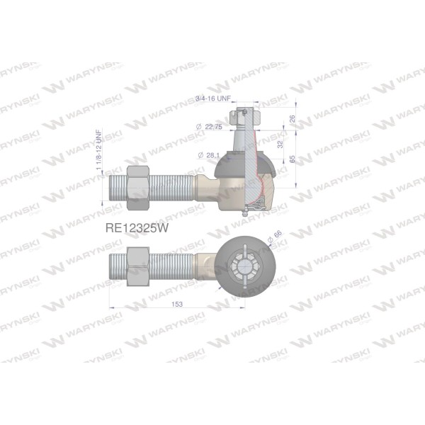 Przegub kierowniczy 153mm- 1 1/8-12 RE12325 RE12325W | Exvi