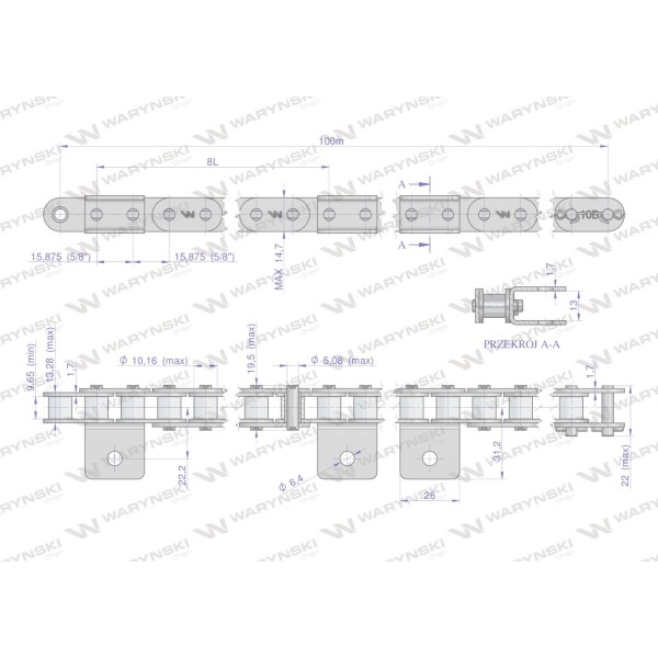 Łańcuch C10B (R1 5/8) przenośnika LC10B-1-100 | Exvi