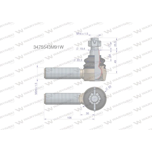 Przegub kierowniczy 106mm - M24x1,5 3475543M91W | Exvi