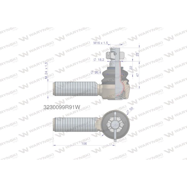 Przegub kierowniczy 106mm - M24x1,5 3230099R91W | Exvi