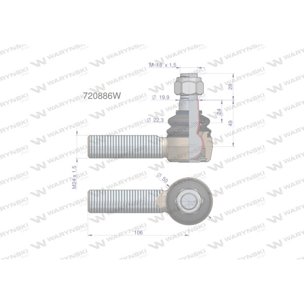 Przegub kierowniczy prawy M24x1.5 3010502 720886W | Exvi