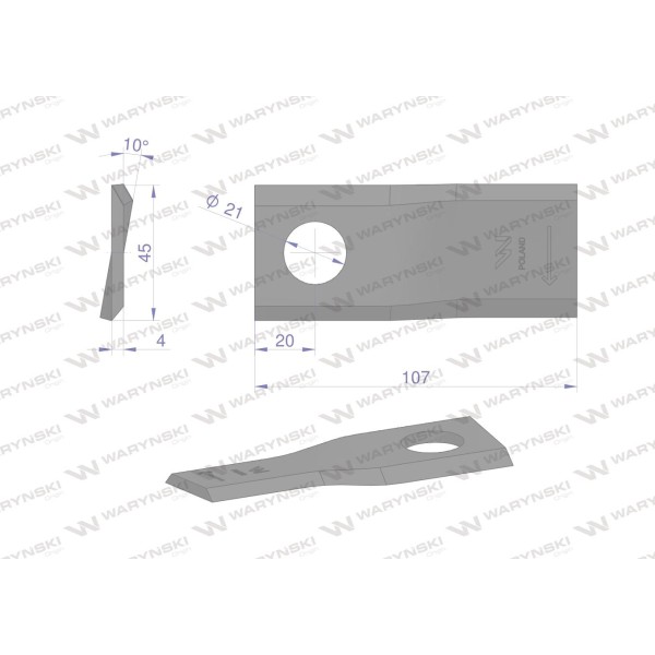 Nóż. nożyk kosiarka prawy 107x46x4mm WKR107X46X4P | Exvi