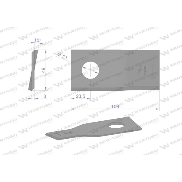 Nóż. nożyk kosiarka prawy 106x48x3mm WKR106X48X3P | Exvi
