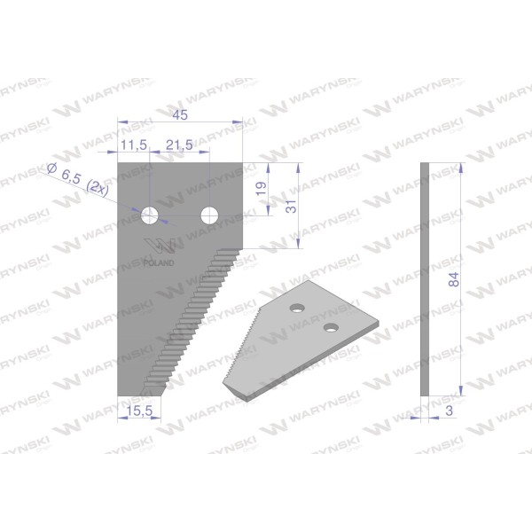 Nóż żniwny końcowy 84x45x3mm otwór 6.5 24 WKZ84X45X3 | Exvi