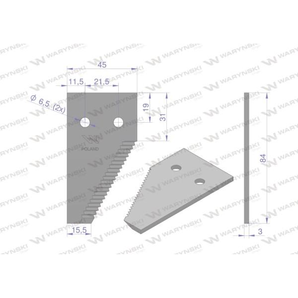 Nóż żniwny końcowy 84x45x3mm otwór 6.5 WKZ84X45X3/1 | Exvi