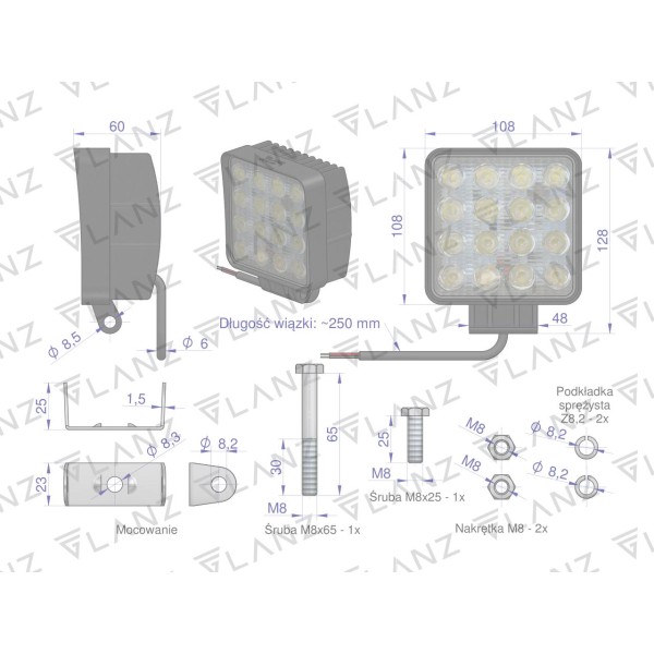 Lampa robocza kwadratowa 48W 16 LED GLANZ L0115G | Exvi