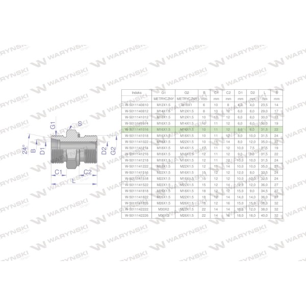 Przyłączka hydrauliczna metryczna BB 5011141016 | Exvi