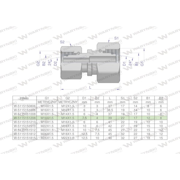 Złączka hydrauliczna metryczna AA M18x1.5 5115151208 | Exvi